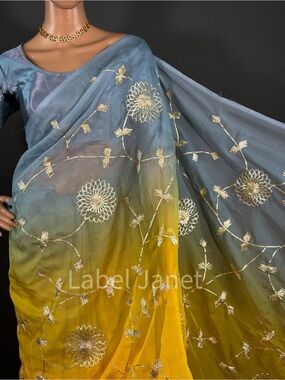 Embroidered Ombre Organza Sari in Blue and Yellow(Brand New)